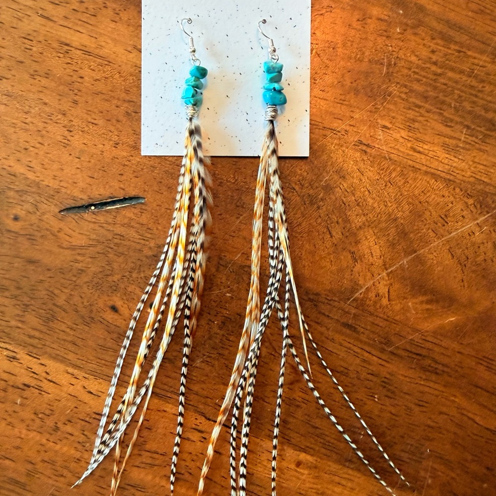 Elegant Feather Earrings with Turquoise Beads